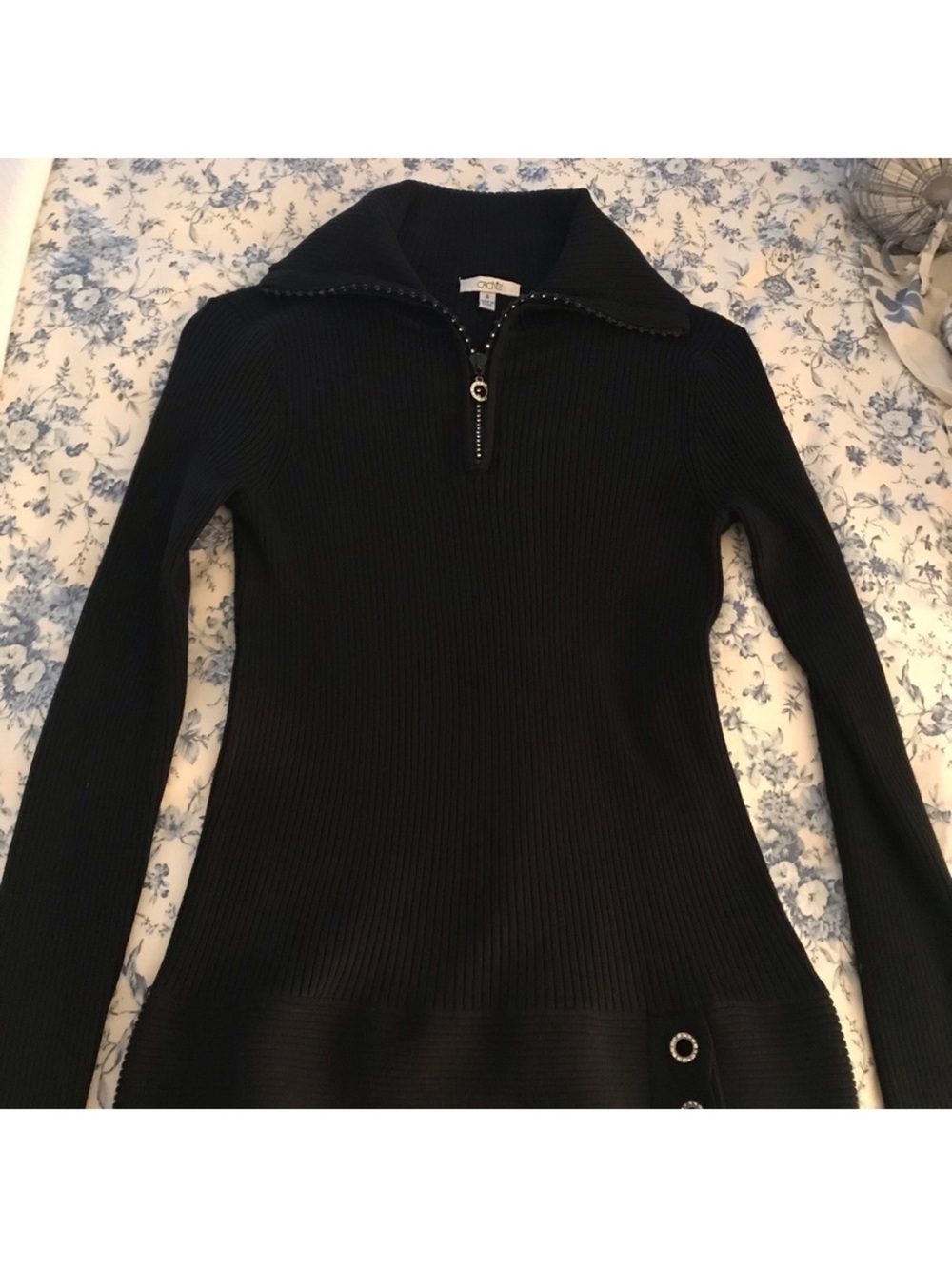 Cache Shirt - black ribbed long sleeve Y2K style w/rhinestone details